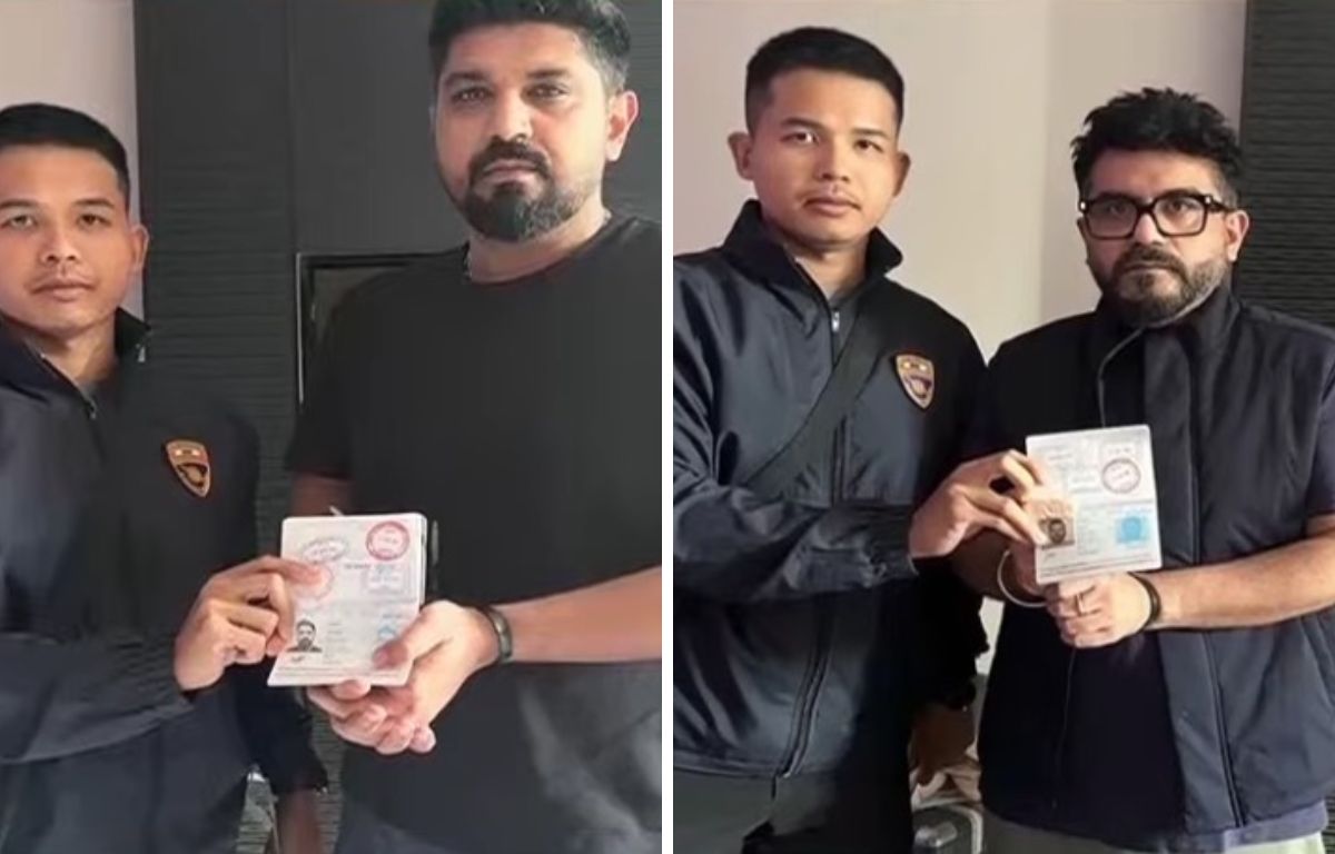 Luthra brothers apprehended in Thailand, photographed with their hands restrained.