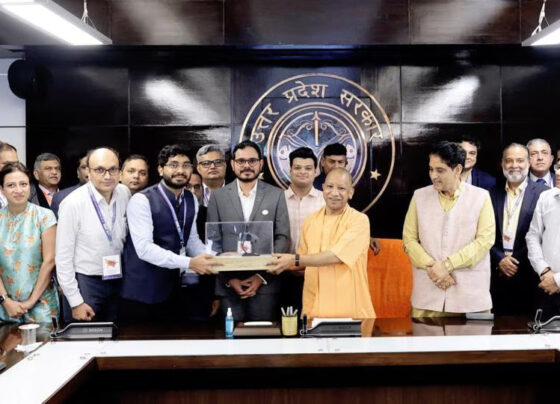 Chief minister Yogi Adityanath with several startups