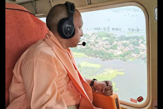 Chief minister Yogi Adityanath conducts an aerial survey