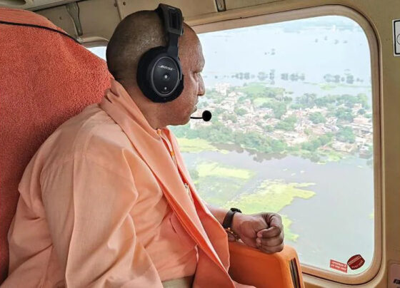 Chief minister Yogi Adityanath conducts an aerial survey